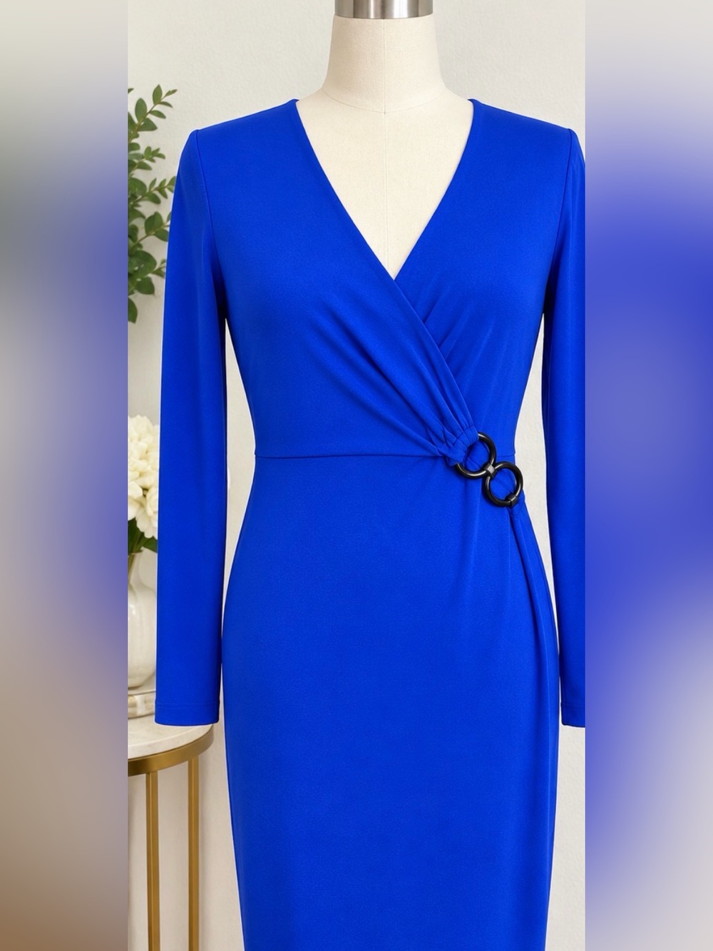 T Tahari Cobalt Blue Long-Sleeve Faux Wrap Dress with Ring Detail